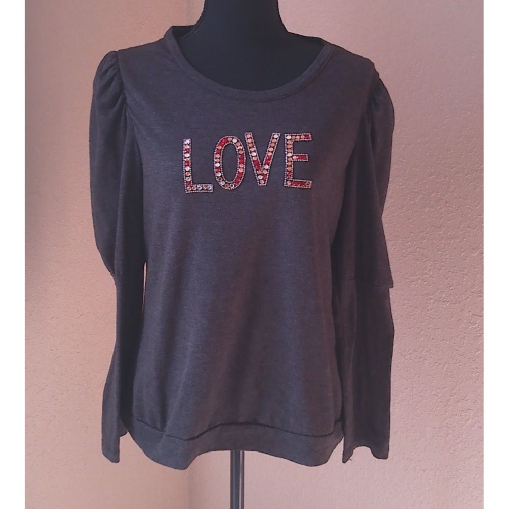 MADISON PARIS NEW YORK GREY LOVE SHIRT SIZE LARGE WITH PUFF SLEEVES
